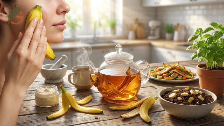 What are banana peels good for including skincare benefits, tea preparation, and garden usage.
