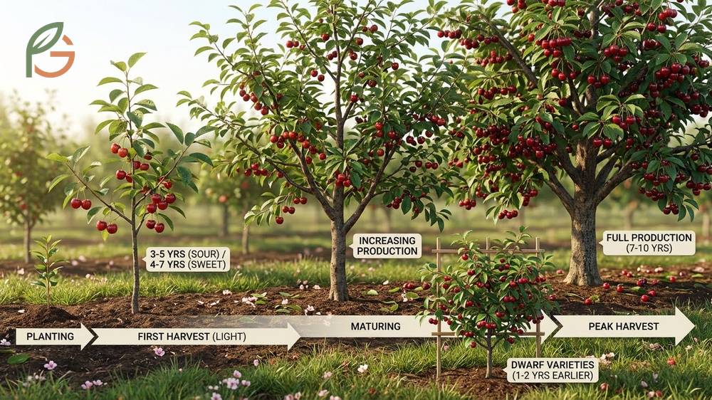 Mature cherry tree branches laden with ripe fruit typically appearing 3 to 7 years after planting.
