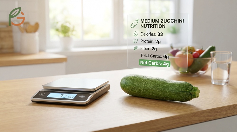 Zucchini calorie count includes 512mg of potassium and 35mg of vitamin C in a medium squash with only 6g carbs.