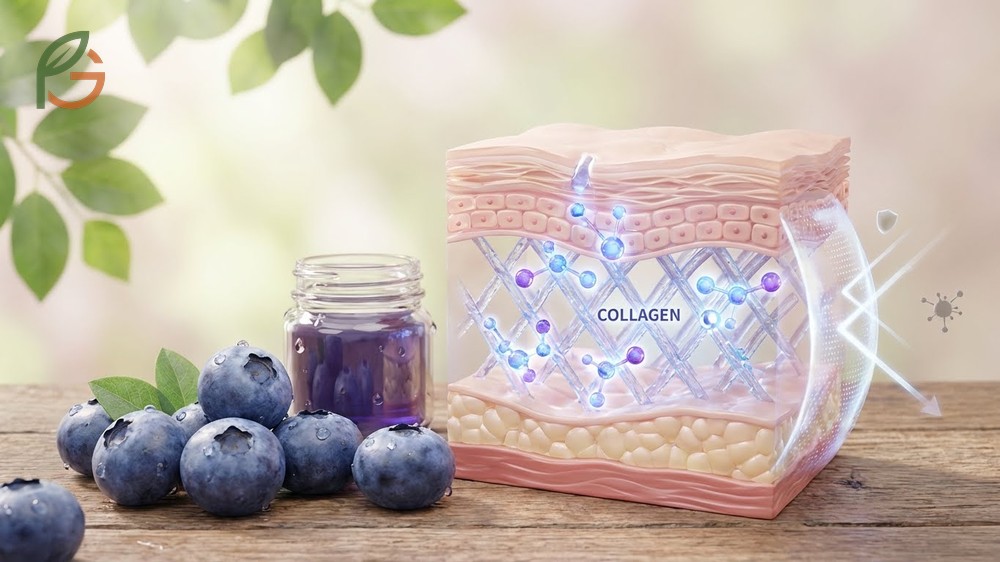 Fresh blueberries associated with vitamin C content that supports natural collagen production and anti-aging.