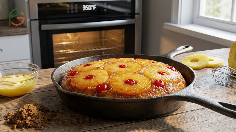 Ingredients for classic pineapple upside down cake including butter brown sugar and canned pineapple rings.