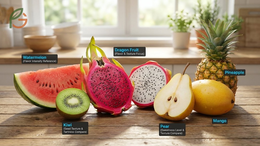 Dragon fruit compared to kiwi and watermelon highlighting its lower acidity and unique floral flavor components.