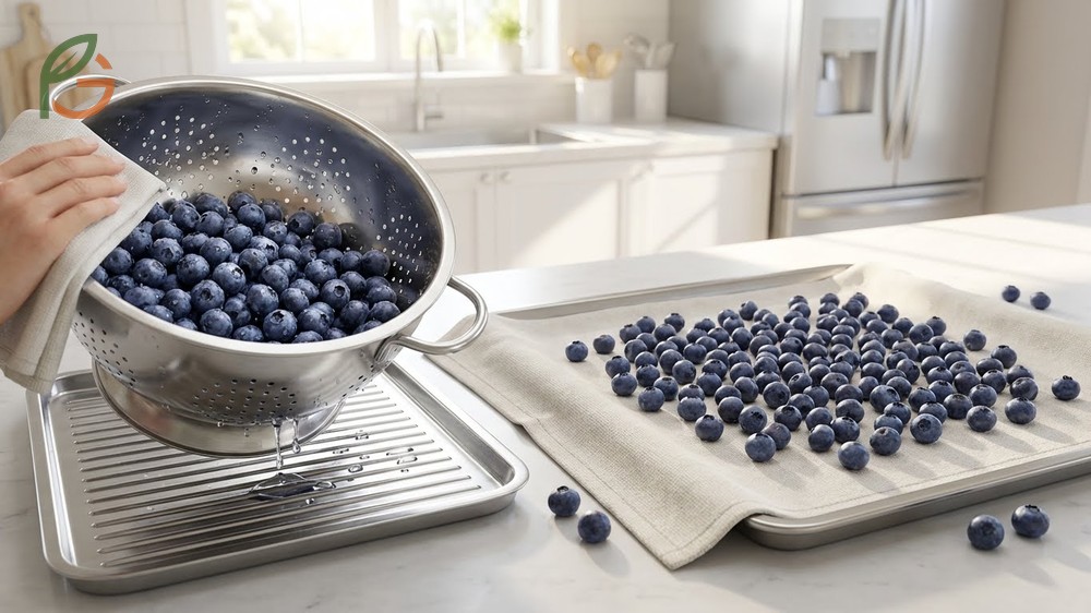 Drying blueberries after washing by spreading them on paper towels or using a salad spinner to prevent moisture related mold growth during storage.