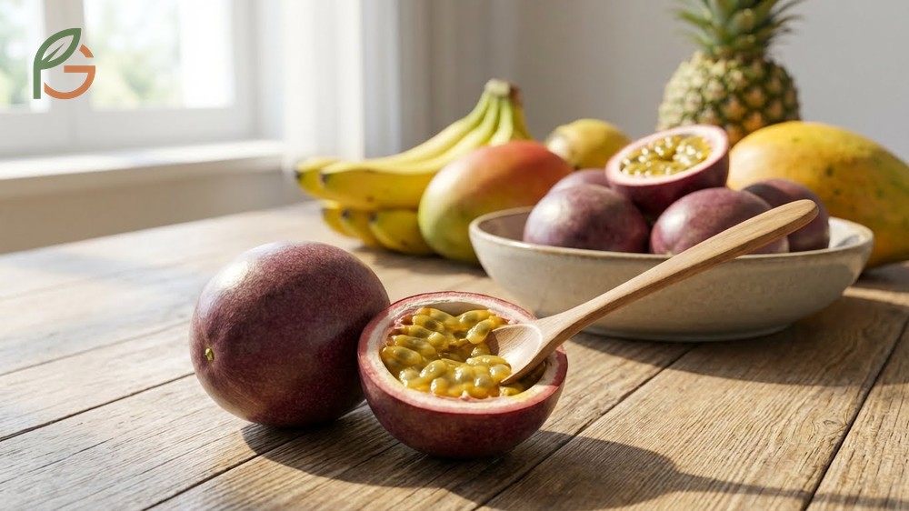 Eating passion fruit guide emphasizes consuming seeds for 55 percent dietary fiber content and cardiovascular benefits.