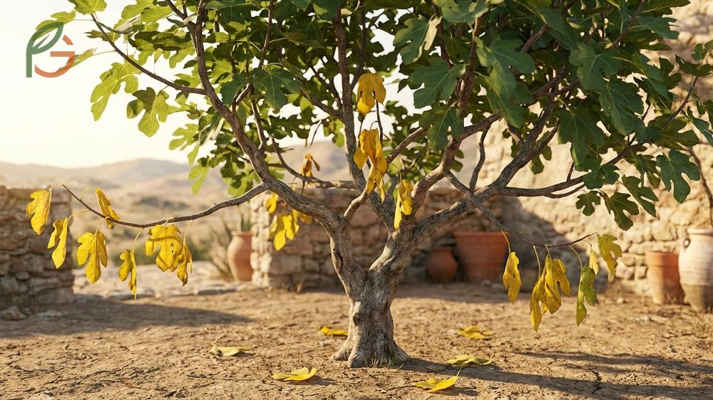 Yellow leaves on fig trees indicate stress from overwatering or underwatering based on drooping or color changes.