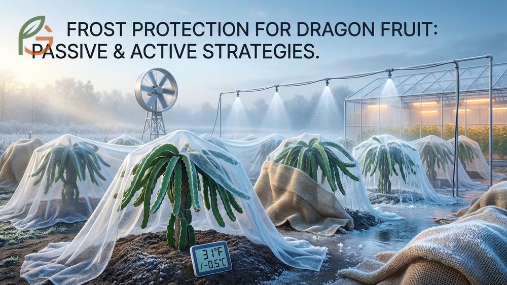 Frost protection for dragon fruit using frost cloth and Christmas lights to maintain warmth above 32 degrees.