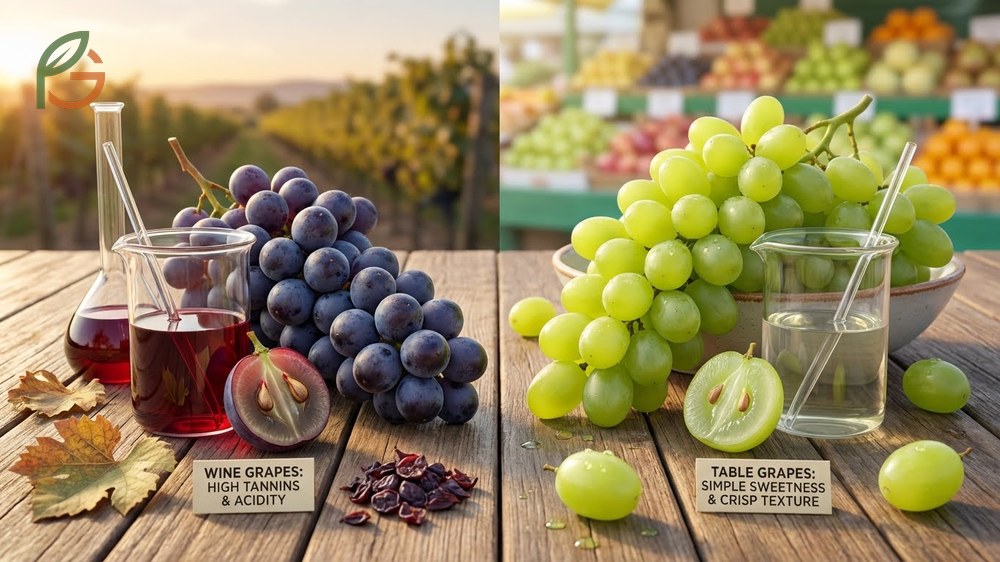 Flavor profile comparison highlights high tannins in wine grapes versus crisp sweetness in table grapes.