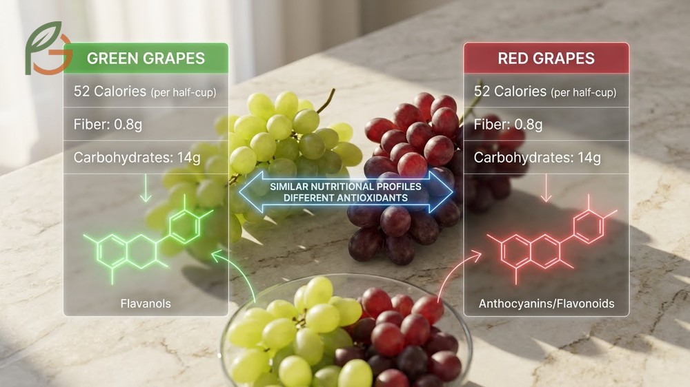 Green grapes vs red grapes comparison reveals distinct antioxidant profiles with flavanols in green varieties.