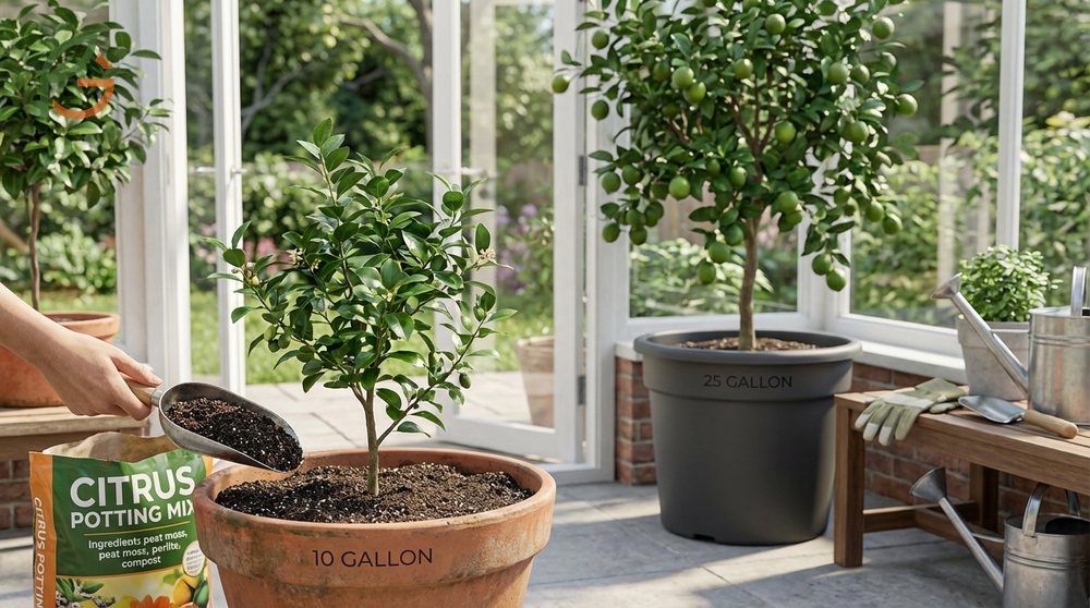 Growing lime trees in pots requires a 15 gallon container with drainage holes and a specialized citrus potting mix for healthy roots.