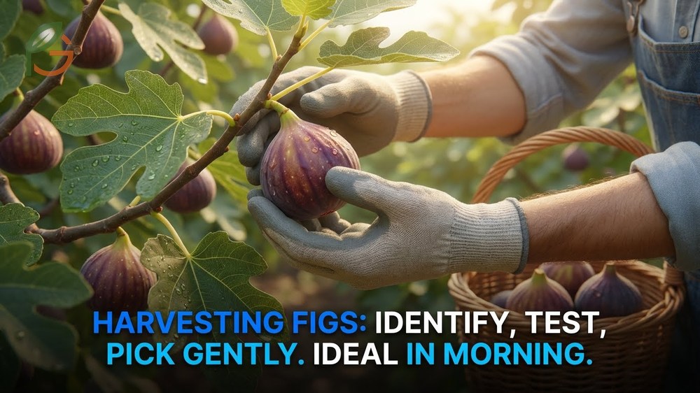 Harvesting figs technique demonstration showing how to gently twist the stem to avoid damaging the fruit.