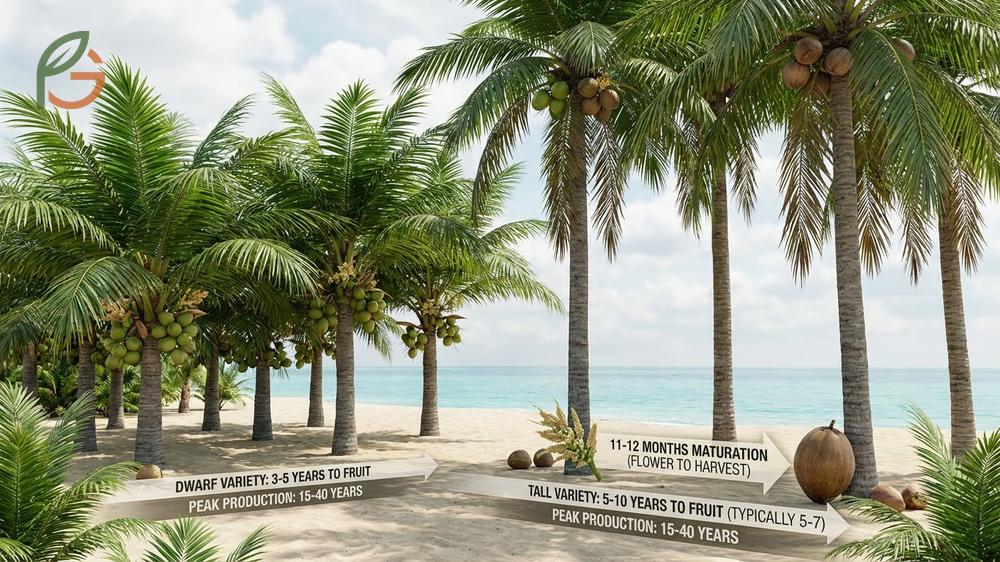 Coconut tree producing its first fruit bunches after 5 to 7 years of growth in optimal tropical conditions.