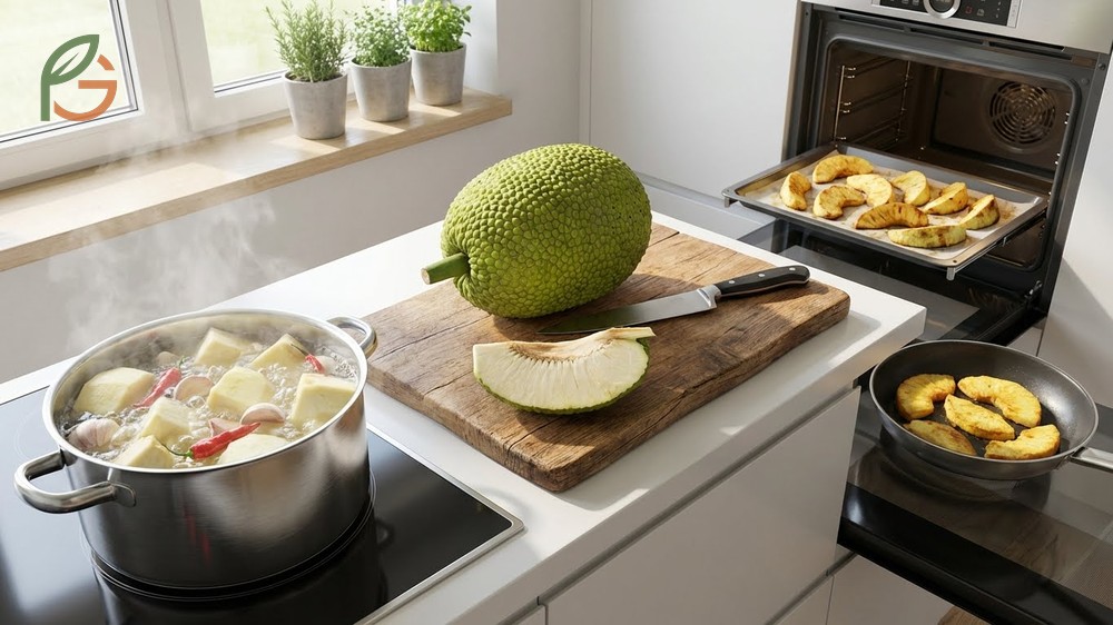 Breadfruit preparation methods including boiling for 40 minutes, roasting whole at 400 degrees F, and frying chips.