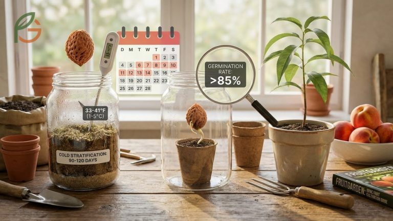 How to plant a peach seed using cold stratification methods that achieve germination rates above 85 percent.