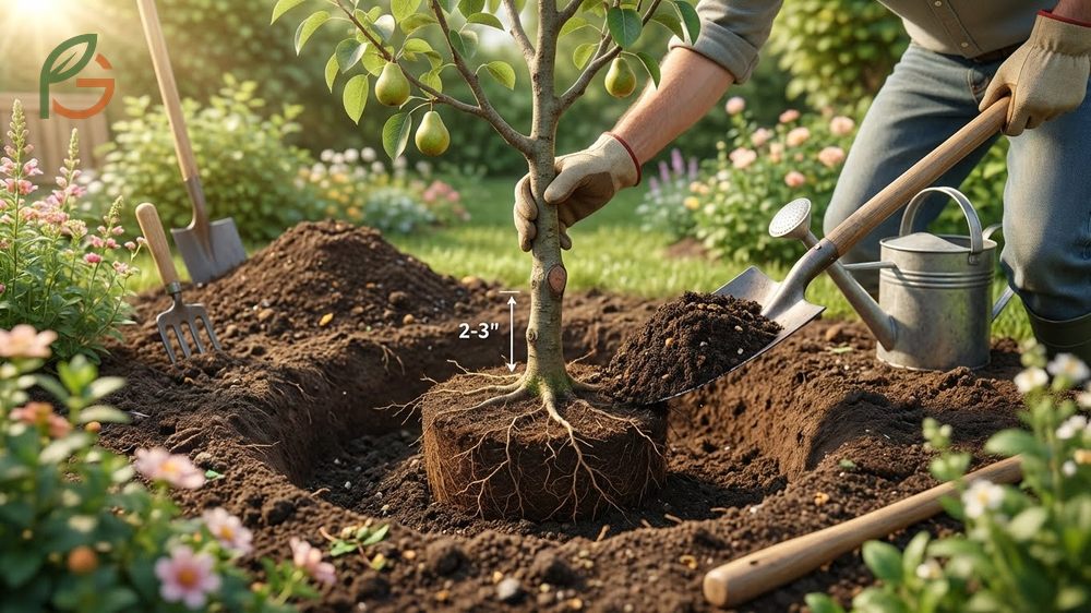 How to plant a pear tree correctly requires a hole three times wider than the root ball and proper mulching.