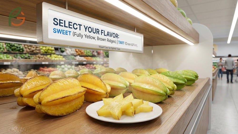 How to select starfruit for the sweetest taste involves choosing bright yellow fruit with brown ridges and firm skin.