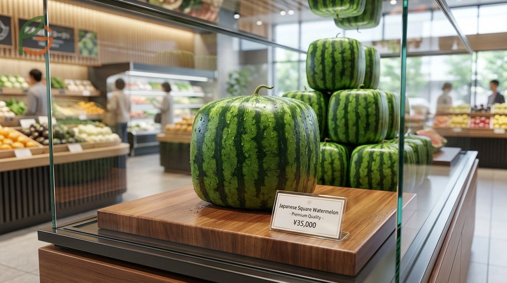 Japanese square watermelon from Zentsuji sells for 100 to 800 dollars and is harvested before full ripeness for display.