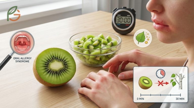 Kiwi allergy symptoms guide detailing oral allergy syndrome reactions and anaphylaxis risks.