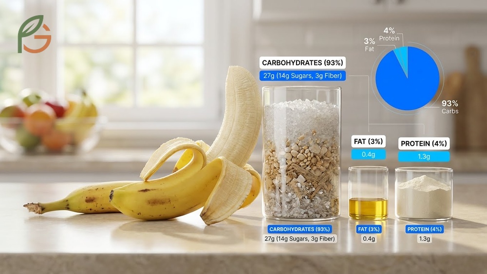 Macronutrients in banana breakdown revealing high carbohydrate content versus low fat and protein levels.