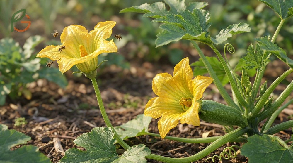 Male vs female zucchini flowers differ as males have thin stems with stamens while females have swollen ovaries.