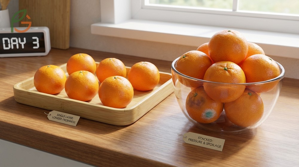 Mandarin storage tips suggest single layer arrangement to reduce pressure points and improve air circulation.