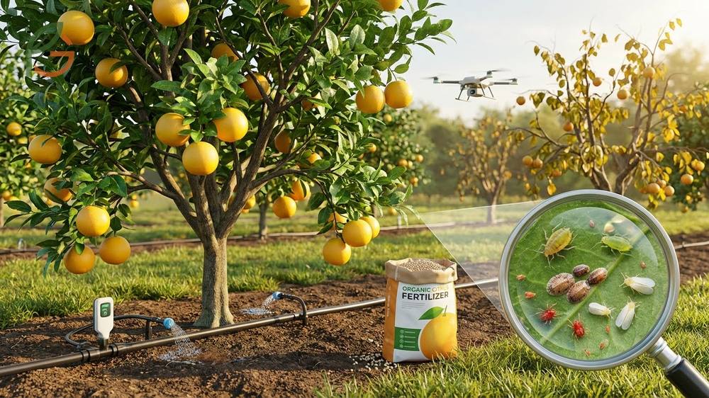 Pest and disease management for grapefruit trees targets common issues like scale insects and fungal leaf spots.