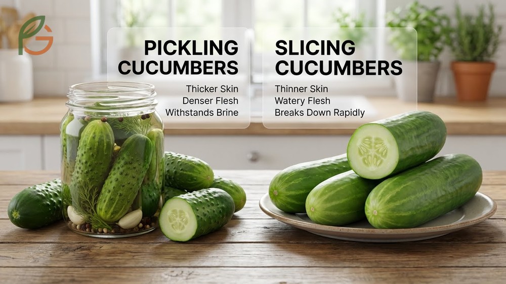 Pickling cucumbers vs regular cucumbers showing thinner skins and denser flesh for superior crispness.