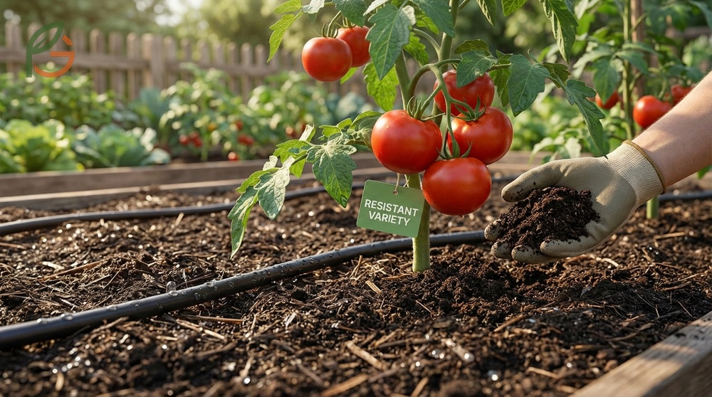 Low nitrogen fertilizer application and mulch layering techniques used to prevent tomato fruit rot.