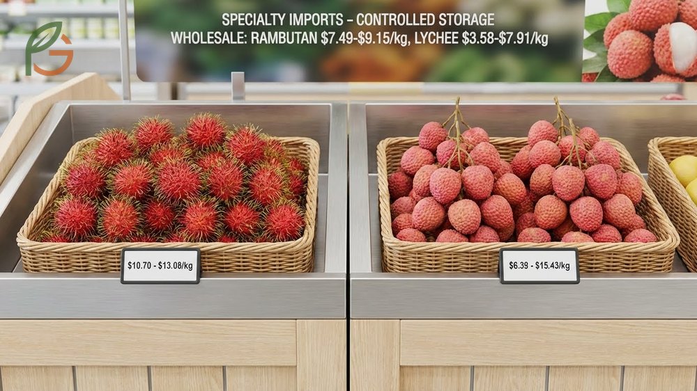 Price difference between rambutan and lychee in US markets influenced by import logistics and seasonality.