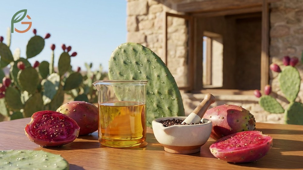 Prickly pear benefits for skin using vitamin E rich seed oil to improve hydration and elasticity.
