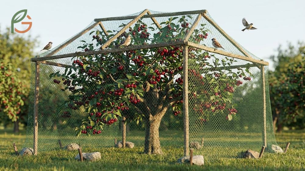 Fine mesh netting draped over a cherry tree to protect ripening fruit from birds and wildlife damage.