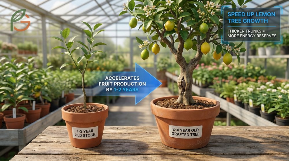 Speed up lemon tree growth by selecting older nursery stock with thicker trunks to accelerate fruit production.