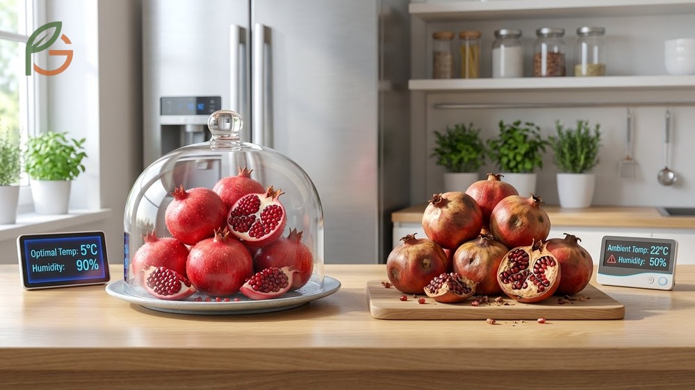 Storing pomegranates fresh requires 41 degrees Fahrenheit and high humidity to prevent shriveling.