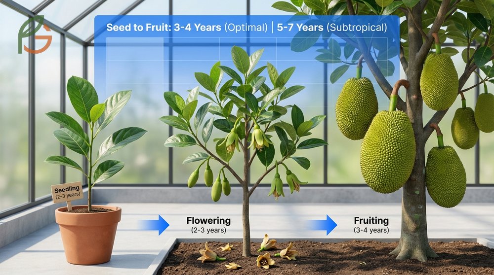 Time to fruit from seed timeline illustrated by a young tree bearing its first 3-8 fruits after 4 years.