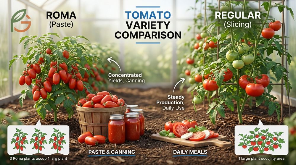 Tomato variety comparison suggests planting three compact Roma plants in the same space required for one sprawling indeterminate slicer.