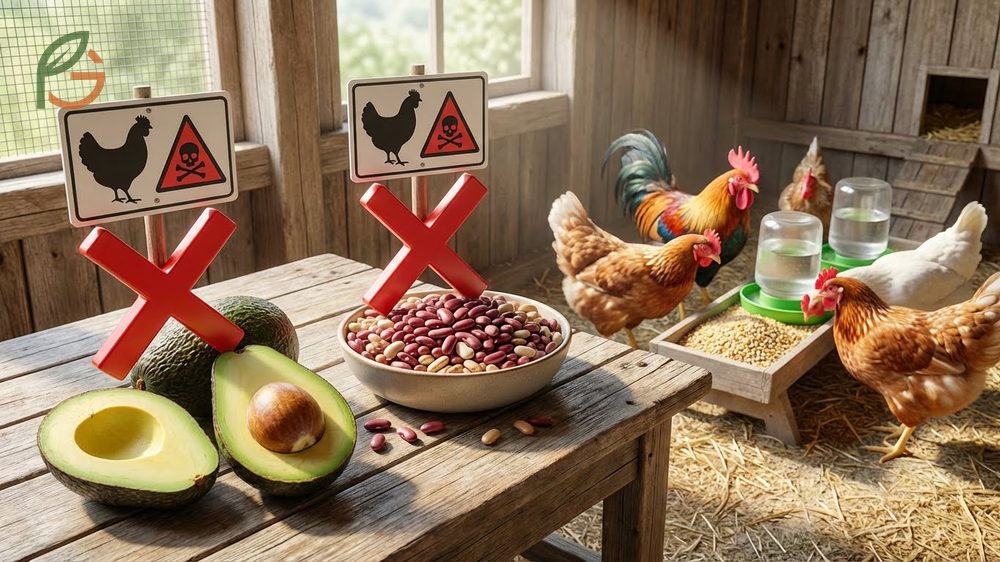 Toxic foods chickens must avoid such as avocados, raw beans, and green potatoes to prevent illness.