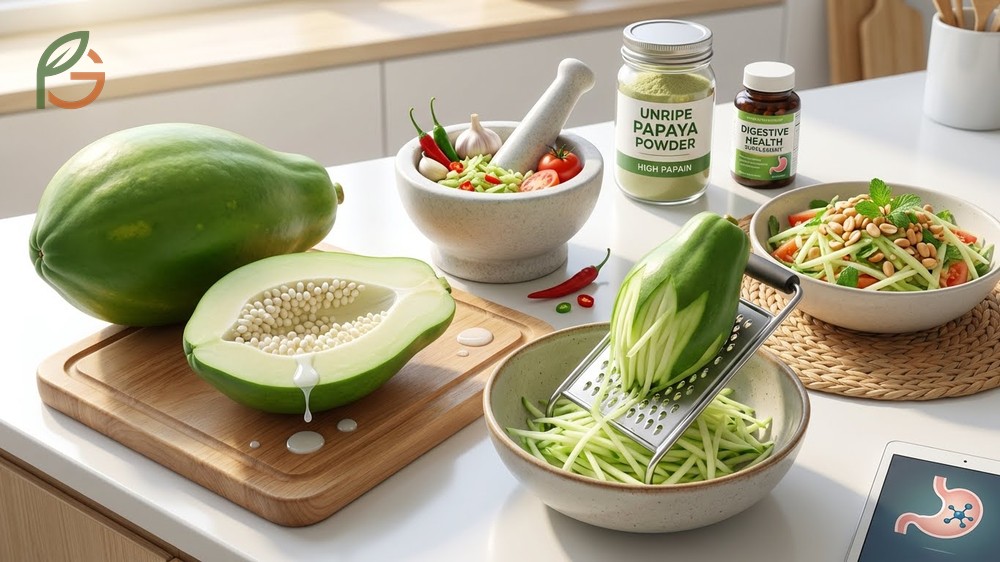 Unripe papaya benefits include three times more papain enzyme activity than ripe fruit.