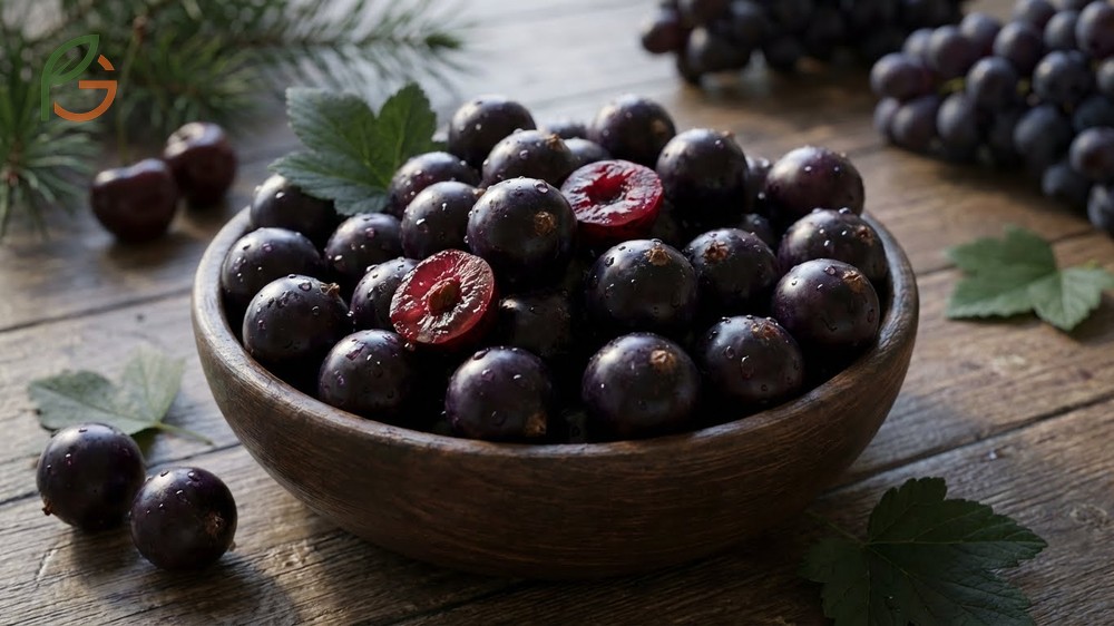 What does black currant taste like described as intensely tart with earthy notes and 7 to 9 percent natural sugar content.