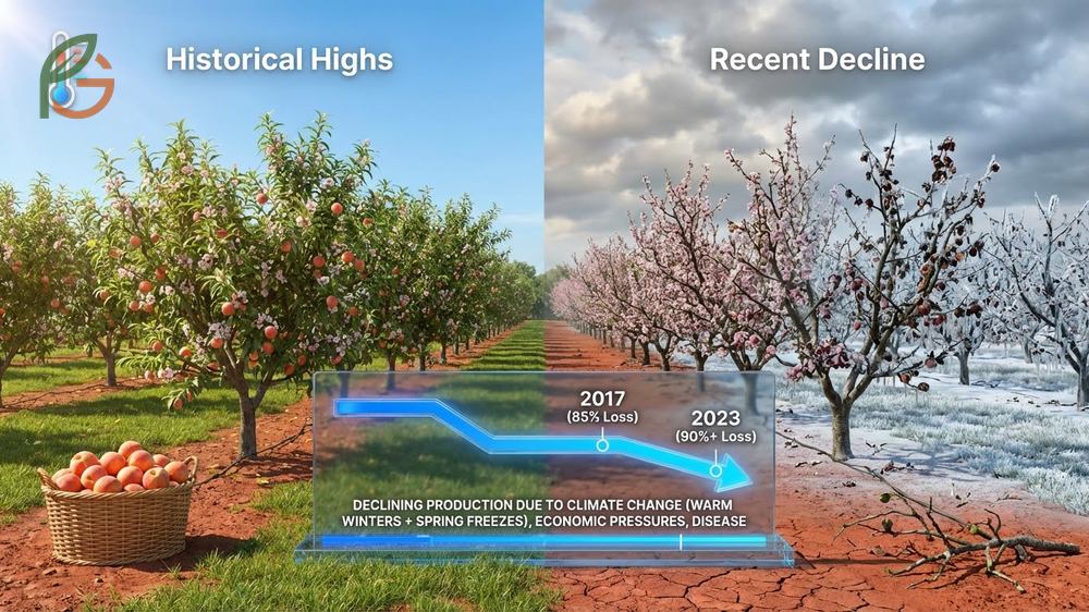 Georgia peach production has declined significantly due to warming winters that fail to provide sufficient chill hours for dormancy.