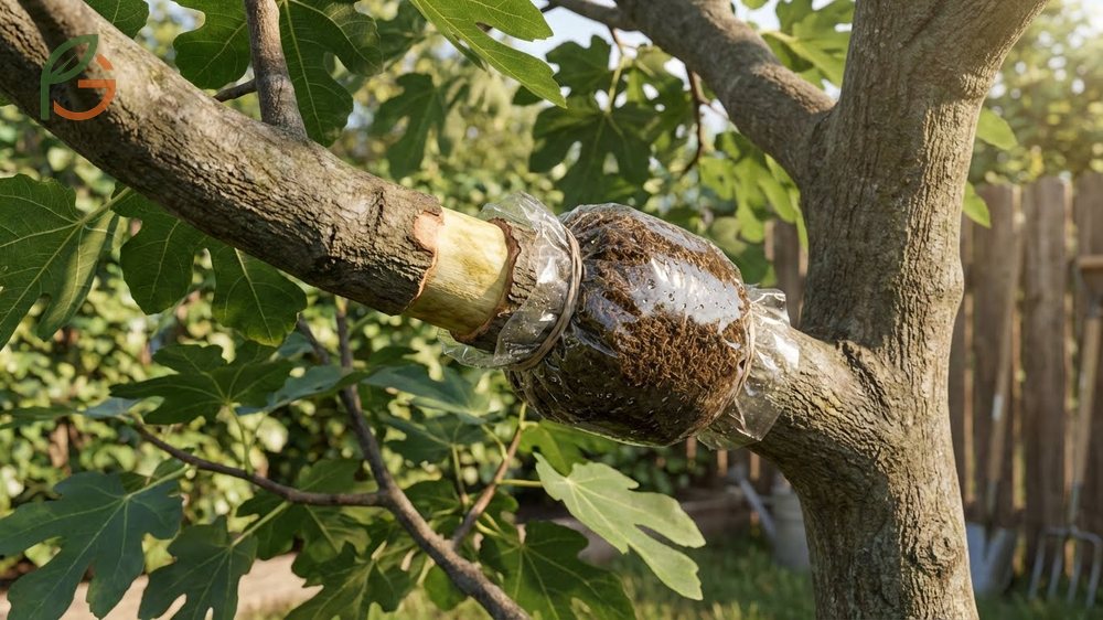 Air layering fig trees by girdling branches and wrapping with moist moss to produce roots.