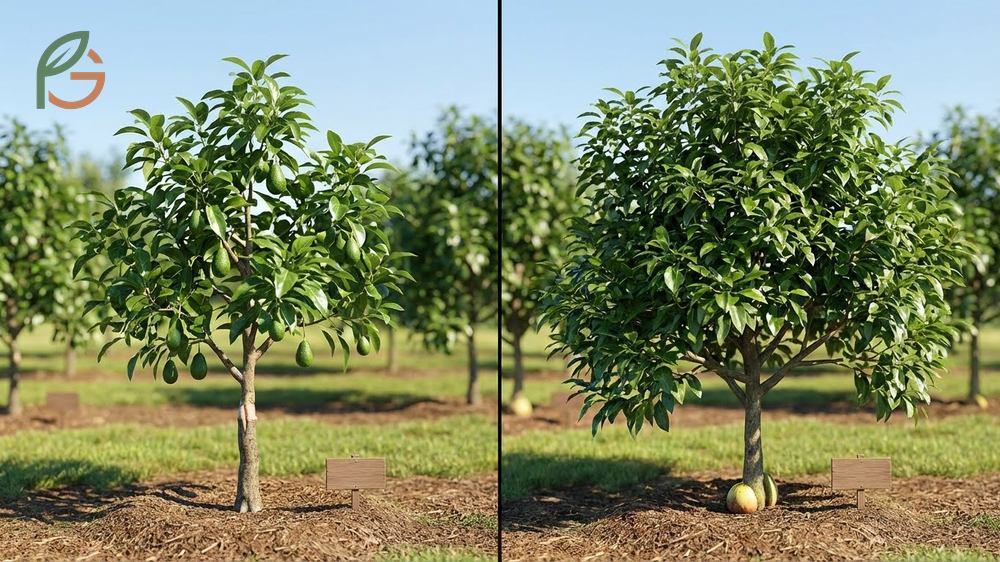 Timeline chart showing how long for an avocado tree to bear fruit based on variety and planting method.