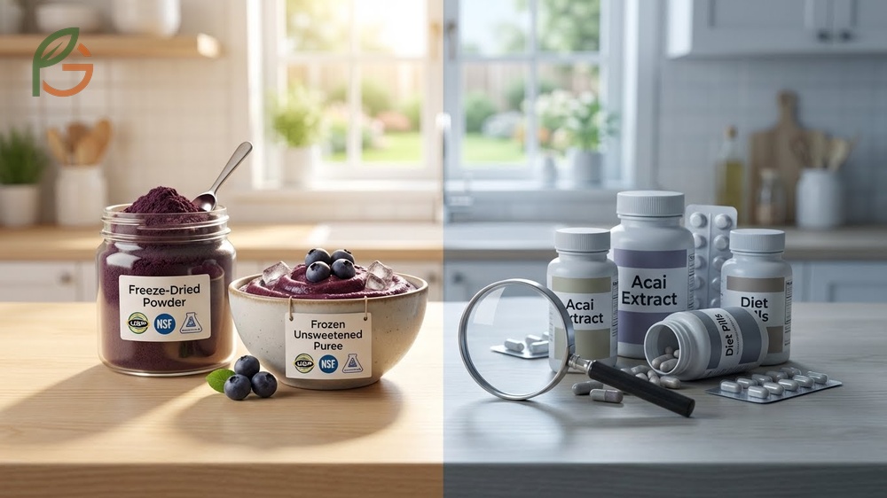 Best acai supplements selection guide emphasizing freeze-dried powder and third-party testing certifications like NSF.