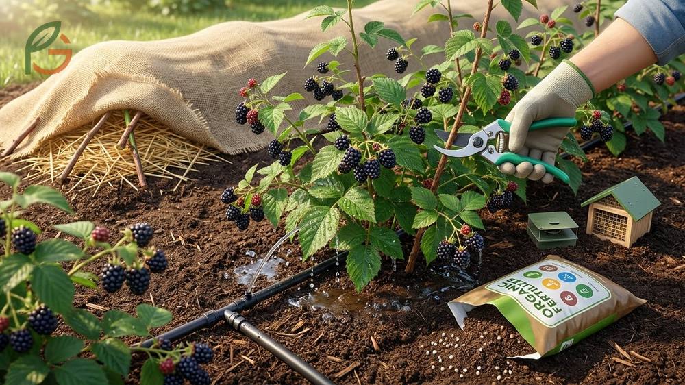 How to care for blackberry bushes with split fertilizer applications and winter mulching for healthy root systems.
