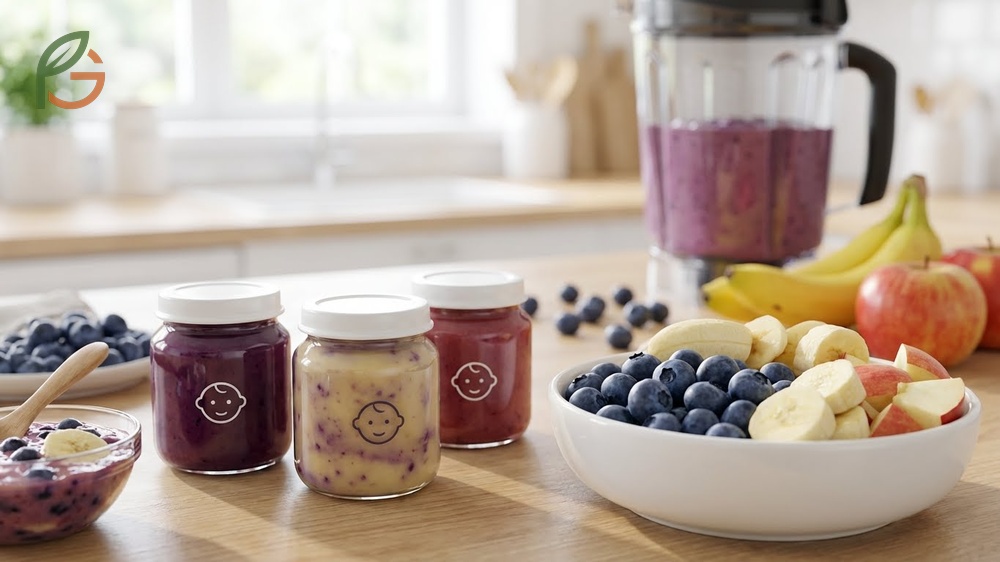 Blueberry baby food combinations featuring banana, apple, and oatmeal for varied flavors and textures.