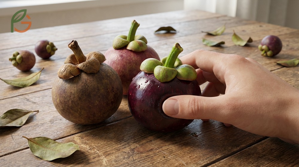 How to choose ripe mangosteen depends on shell firmness that yields slightly to gentle thumb pressure.