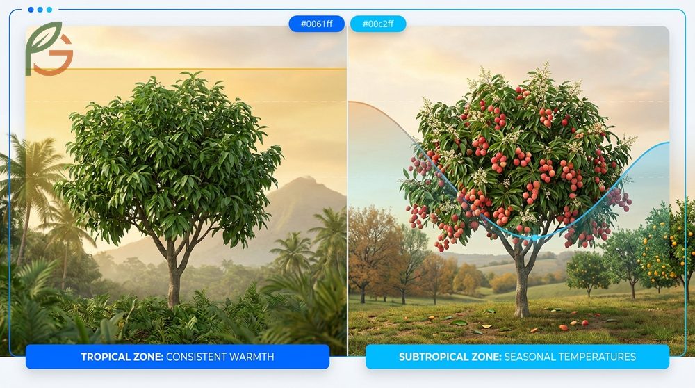 Climate requirements for lychee trees focusing on temperature ranges humidity levels and necessary winter chill hours.