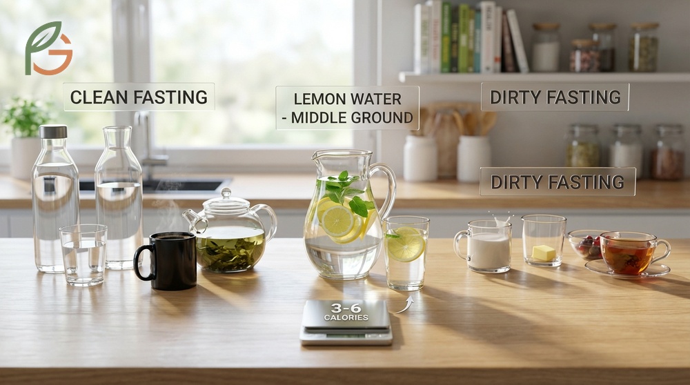 Dirty fasting vs clean fasting with lemon water comparing zero calorie intake against under 50 calories.