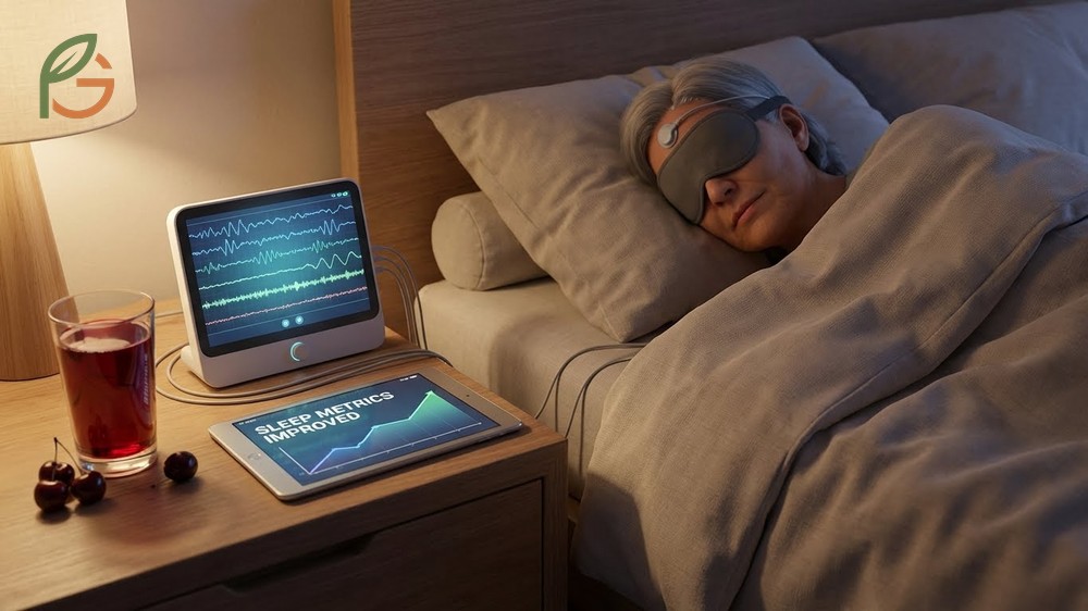 Does tart cherry juice help you sleep question answered with clinical data showing improved efficiency.