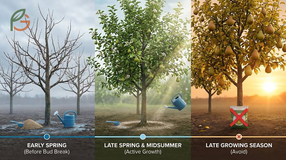 Fertilizer schedule for pears emphasizes early spring applications before bud break to support vigorous seasonal growth.