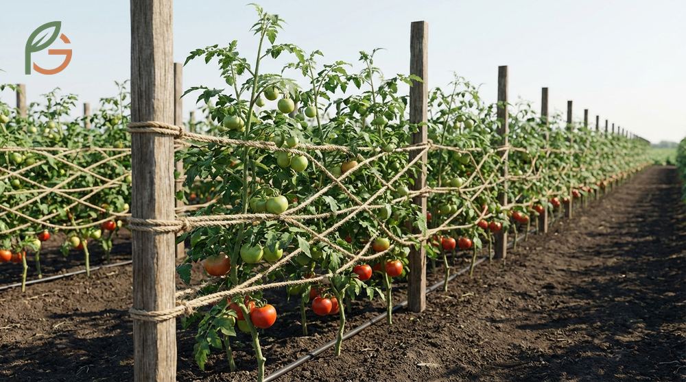 Florida weave method supports tomato rows using sturdy stakes and twine woven between plants for efficient production.