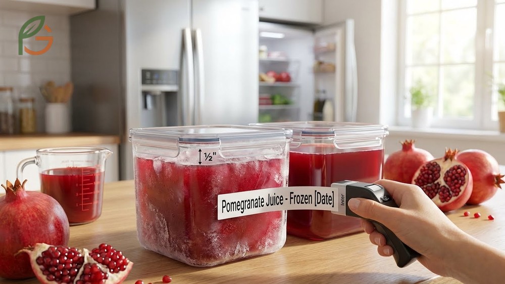 Freezing pomegranate juice in rigid containers with headspace to preserve antioxidants for 12 months.